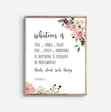Load image into Gallery viewer, Philippians 4:8 Whatever is Floral Art Print Wood Frame