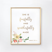 Load image into Gallery viewer, Psalm 139:14 She Is Nursery Art Print, Floral Scripture
