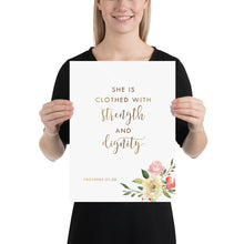 Load image into Gallery viewer, Proverbs 31:25 She Is Nursery Art Print, Floral Scripture