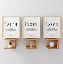 Load image into Gallery viewer, Faith Hope Love a Set of 3 Printables, Gold Scripture