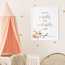 Load image into Gallery viewer, Psalm 139:14 She Is Nursery Art Print, Floral Scripture