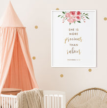 Load image into Gallery viewer, Proverbs 3:15 She Is Nursery Art Print, Floral Scripture