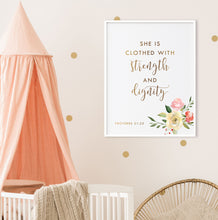 Load image into Gallery viewer, Proverbs 31:25 She Is Nursery Art Print, Floral Scripture