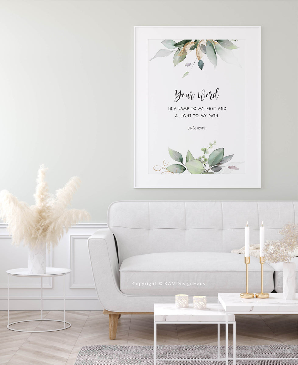 Psalm 119:105 Your Word is a Lamp Printables, Greenery Scripture –  KAMDesignHaus, image size:979x1200