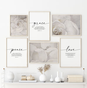 Grace Love Peace Set of 6 Printables, Modern & Floral Scripture