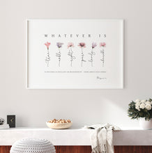 Load image into Gallery viewer, Philippians 4:8 Whatever Is Art Print, Floral Scripture
