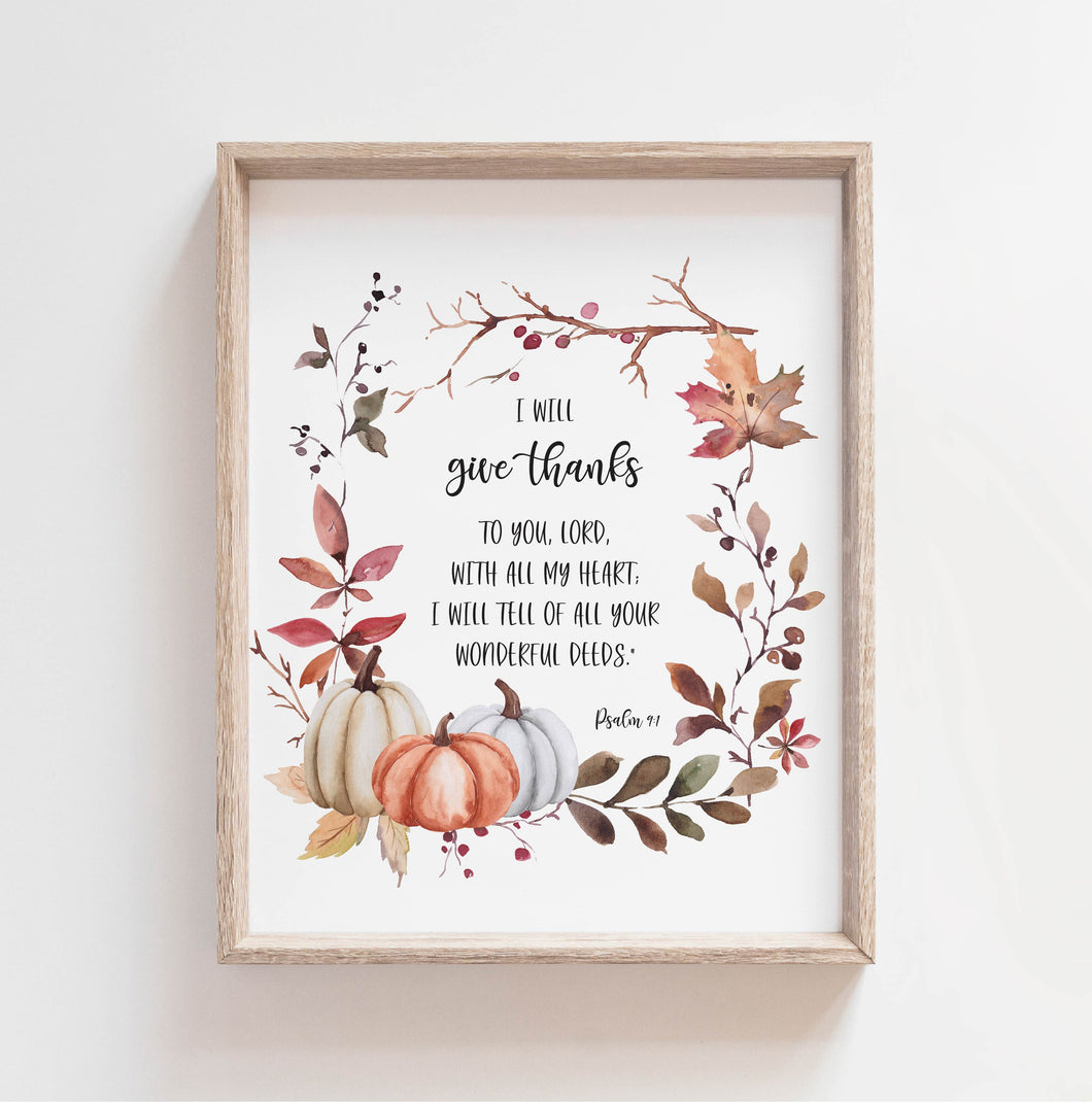 Psalm 9:1 Give Thanks to You Printables, Autumn Scripture