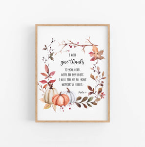 Psalm 9:1 Give Thanks to You Printables, Autumn Scripture