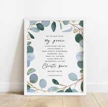 Load image into Gallery viewer, 2 Corinthians 12:9 Art Print, Greenery Scripture
