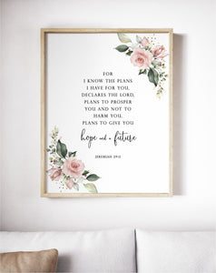 Jeremiah 29:11 Hope And A Future Mailed Print, Floral Scripture
