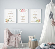 Load image into Gallery viewer, Proverbs 3:15 She Is Nursery Art Print, Floral Scripture
