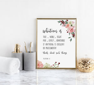 Philippians 4:8 Whatever is Floral Art Print Gold Frame