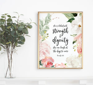 Proverbs 31:25 Strength & Dignity Printables, Floral Scripture