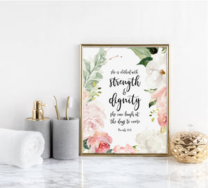 Proverbs 31:25 Strength & Dignity Art Print, Floral Scripture