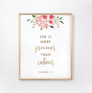 Proverbs 3:15 She Is Nursery Art Print, Floral Scripture
