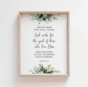 Romans 8:28 God Works For The Good Printables, Greenery Scripture