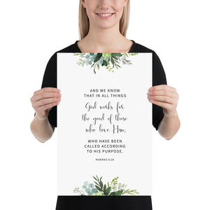 Romans 8:28 God Works For The Good Art Print, Greenery Scripture