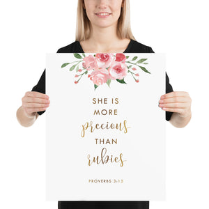 Proverbs 3:15 She Is Nursery Art Print, Floral Scripture