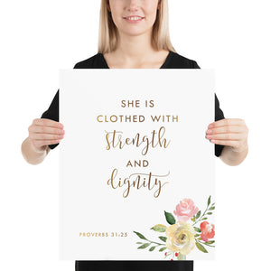 Proverbs 31:25 She Is Nursery Art Print, Floral Scripture