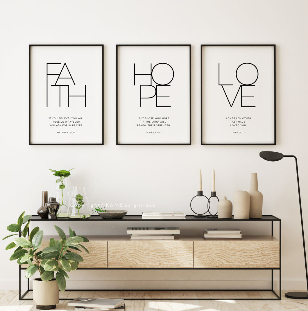 Faith Hope Love a Set of 3 Minimalist Printables, Modern Scripture