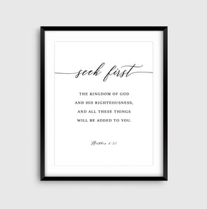 Matthew 6:33 Seek First Art Print, Modern Scripture