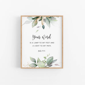 Psalm 119:105 Your Word is a Lamp Printables, Greenery Scripture