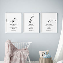 Load image into Gallery viewer, She Is Set of 3 Nursery Printables, Modern Scripture
