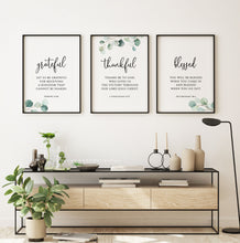 Load image into Gallery viewer, Grateful Thankful Blessed Set of 3 Printables, Greenery Scripture
